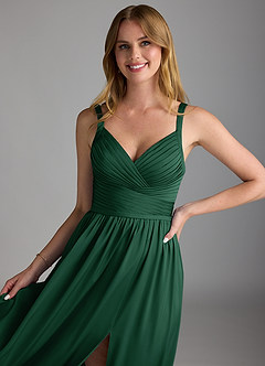 Azazie Chanel Final Sale Dark Green A-Line Pleated Stretch Satin Dress image3