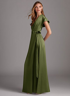 Azazie Nico Robes de demoiselle d'honneur Robe Trapèze en Satin extensible Col en V Olive image2