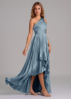 Azazie Lyrica 신부 들러리 드레스 A라인 한쪽 어깨 스트레치 새틴 비대칭 드레스 image2