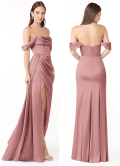 Azazie Amyra Bridesmaid Dresses Dusty Rose Sheath Off the Shoulder Stretch Satin Convertible Dress image8