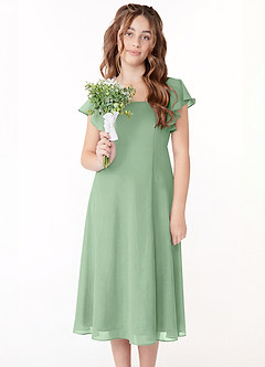 Azazie Bondi Junior Abito A-Line in Chiffon Increspato Matcha image4