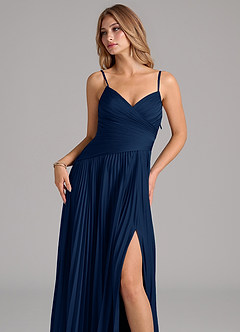 Azazie Vini Bridesmaid Dresses Dark Navy A-Line Pleated Stretch Satin Dress image2