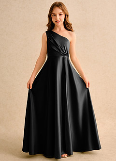 Azazie Puddles Junior Formal 플라워 걸 드레스 A라인 한쪽 어깨 매트 새틴 플로어 길이 드레스 image5