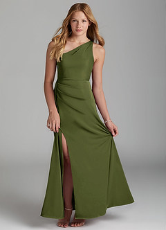 Azazie Maron Junior Olive A-Line Pleated Stretch Satin Dress image1