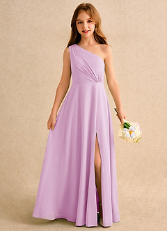 Azazie Puddles Girls Formal Robe Demoiselle D'honneur Fillette Robe Trapèze en Mousseline de soie Une épaule Rose Bonbon image1