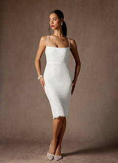 Azazie Kat At-home Try On Dresses Diamond White Sheath Straight Lace Lace Dress image1