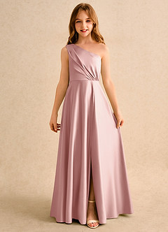 Azazie Puddles Girls Formal Flower Girl Dresses Rose Gold A-Line One Shoulder Matte Satin Dress image4