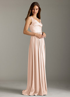 Azazie Keyla Bridesmaid Dresses Blushing Pink A-Line Pleated Stretch Satin Dress image5