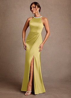 Azazie Lawrence 신부의 어머니 드레스 A라인 주름진 스트레치 새틴 플로어 길이 드레스 image2