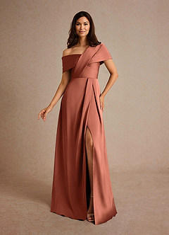Azazie Milton Mother of the Bride Dresses Clay A-Line Pleated Stretch Satin Dress image1