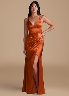 Azazie Shania Bridesmaid Dresses Burnt Orange Sheath Pleated Metallic Satin Dress image5