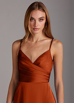Azazie Calissa Bridesmaid Dresses Paprika A-Line V-Neck Pleated Stretch Satin Dress image5