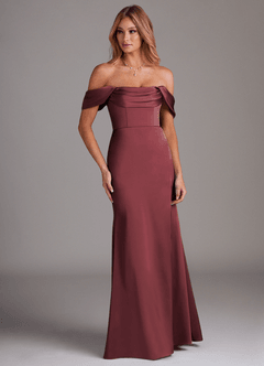 Azazie Saige Bridesmaid Dresses Merlot Sheath Off the Shoulder Stretch Satin Dress image4