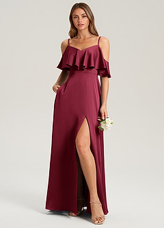 Azazie Jean Bridesmaid Dresses Burgundy A-Line Off the Shoulder Stretch Satin Dress image3