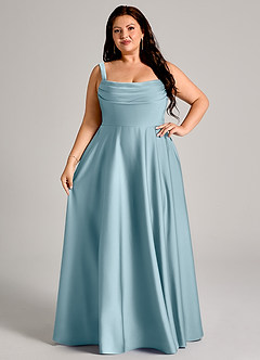 Azazie Shaude Bridesmaid Dresses Moody Blue A-Line Pleated Stretch Satin Dress image12