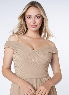 Azazie Audrianna Jurken voor bruidsmeisjes Converteerbaar Jurk van Chiffon met A-Lijn Off-the-shoulder verzameld Taupe image5