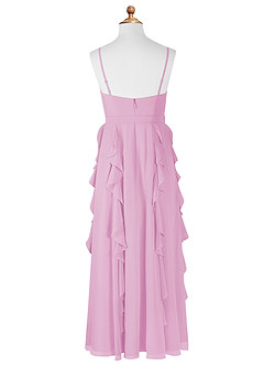 Azazie Peyton Junior Vestido de Rosa Caramelo de Gasa de Corte En A con Volantes en cascada Cuello en V image7