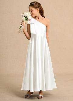 Azazie Guppy Junior Formal vestidos de niña de las flores Vestido de Marfil de Satin Mate de Corte En A con Hombro unilateral image4