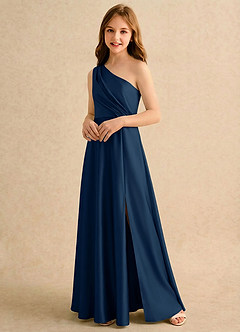 Azazie Puddles Girls Formal Blumenmädchenkleider A-Linie One-Shoulder Stretch-Satin Kleid Dunkelmarine image4