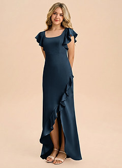 Azazie Demi Junior Dark Navy Mermaid Bow Stretch Satin Dress image1