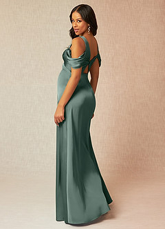 Azazie Rhea Zwangerschaps Bruidsmeisjekleding A-Lijn Off The Shoulder Geplooid Stretch Satijn Vloerlengte Jurk image5