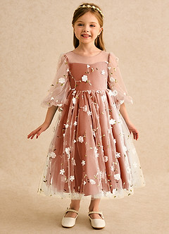 Azazie Elowen vestidos de niña de las flores Vestido Naranja Quemada de Encaje de Línea A con Escote corazón image3
