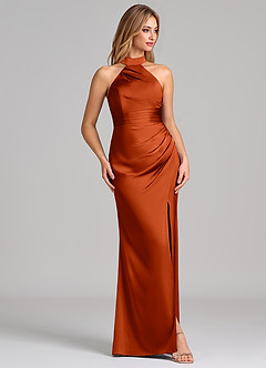 Azazie Karlotta Bridesmaid Dresses Paprika Sheath Pleated Stretch Satin Dress image5