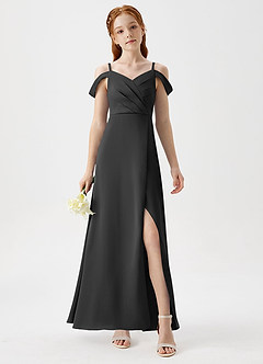 Azazie Ocean Junior Vestido de Negro de Satén Elástico de Corte en A con Vestidos sin tirantes image4
