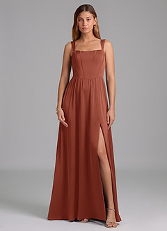 Azazie Rosaline Vestidos de madrinha de casamento Vestido Castanho Aloirado de Cetim elástico de Linha A com Fenda Lateral image3