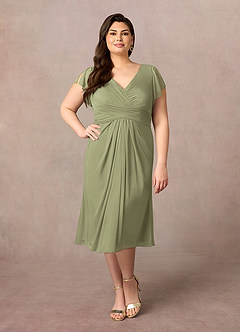 Azazie Vera vestidos de madre de la novia Vestido de Pistacho de Malla de Corte En A con Cuello en V plisado image6