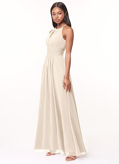 Azazie Bonnie Brautjungfernkleider A-Linie Schlüsselloch Gerüscht Chiffon Kleid Alabaster Weiß image7
