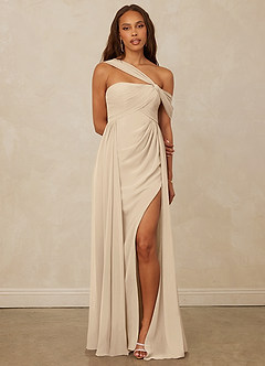 Christian Siriano Bridal for Azazie 1014 Bridesmaid Dresses Champagne A-Line Off the Shoulder Chiffon Dress image1