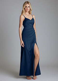 Azazie Azuree Vestidos de damas de honor Vestido de Azul Marino Oscuro de Satén Elástico de Corte en A con Plisado image3