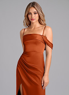 Azazie Lisbeth Vestidos de damas de honor Vestido de Naranja Quemada de Satén Elástico de Corte Sirena Convertible con Vestidos sin tirantes image2