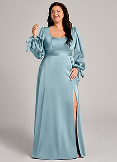 Azazie Leonia Robes de demoiselle d'honneur Robe Trapèze en Satin extensible Manche longue Bleu Maussade image10