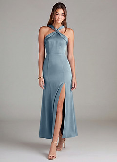 Azazie Rue 신부 들러리 드레스 인어 주름진 스트레치 새틴 발목 길이 드레스 image3