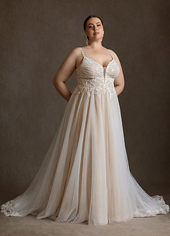 Azazie Devi Robes de mariée Robe Trapèze en Tulle Col V Dentelle Diamant Nude image7