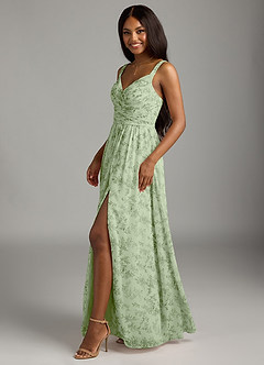 Azazie Chanel Bridesmaid Dresses Green Fern Floral A-Line Pleated Chiffon Dress image5