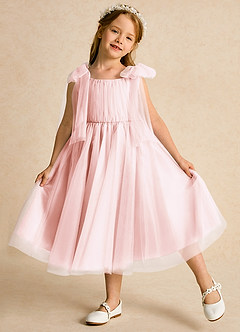 Azazie Dori Robe Demoiselle D'honneur Fillette Robe Trapèze en Tulle Rayé Rose Pâle image4