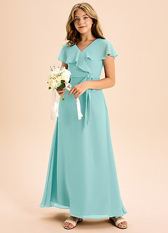Azazie Lainey Junior Abito A-Line in Chiffon Con Tasche Acqua image6
