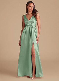 Azazie Tanicia Bridesmaid Dresses Matcha A-Line Pleated Metallic Satin Dress image1