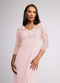 Azazie Joan Abiti per la Madre della Sposa Abito Tubino in Chiffon con Scollo a V in Pizzo Rosa Rossore image3