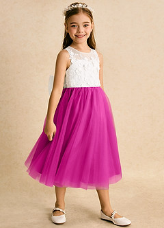 Azazie Lina Flower Girl Dresses Ivory Fuchsia Ball-Gown Lace Dress image3