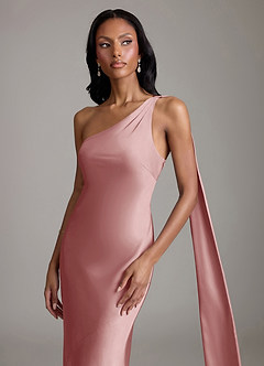 Azazie Galinda Probar vestidos en casa Vestido de Rosa Polvorienta de Satén Elástico de Corte Sirena con Hombro unilateral image3