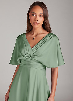 Azazie Pamela Robes de demoiselle d'honneur Robe Trapèze en Satin extensible Plissée Matcha image5