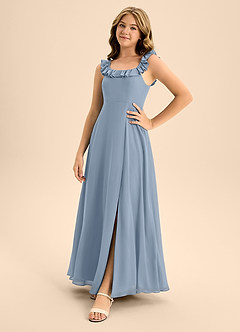 Azazie Callie Junior Jurk van Chiffon met A-Lijn Ruches Stoffig Blauw image2