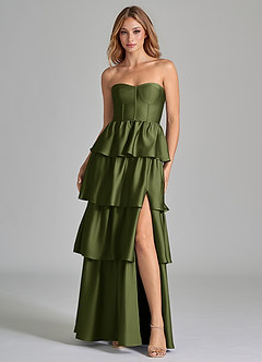 Azazie Faye Bridesmaid Dresses Olive A-Line Ruched Stretch Satin Dress image4