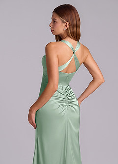 Azazie Amelie Bridesmaid Dresses Agave A-Line Pleated Stretch Satin Dress image2