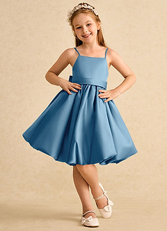 Azazie Davine Blumenmädchenkleider A-Linie Spaghetti Riemen Matte Satin Kleid Stahlblau image3
