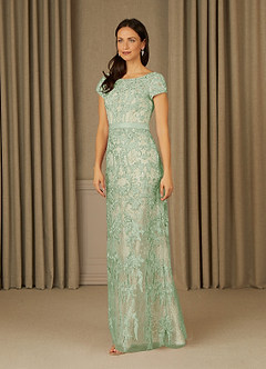 Azazie Dorit Mother of the Bride Dresses Dusty Sage Champagne Sheath Scoop Lace Dress image3